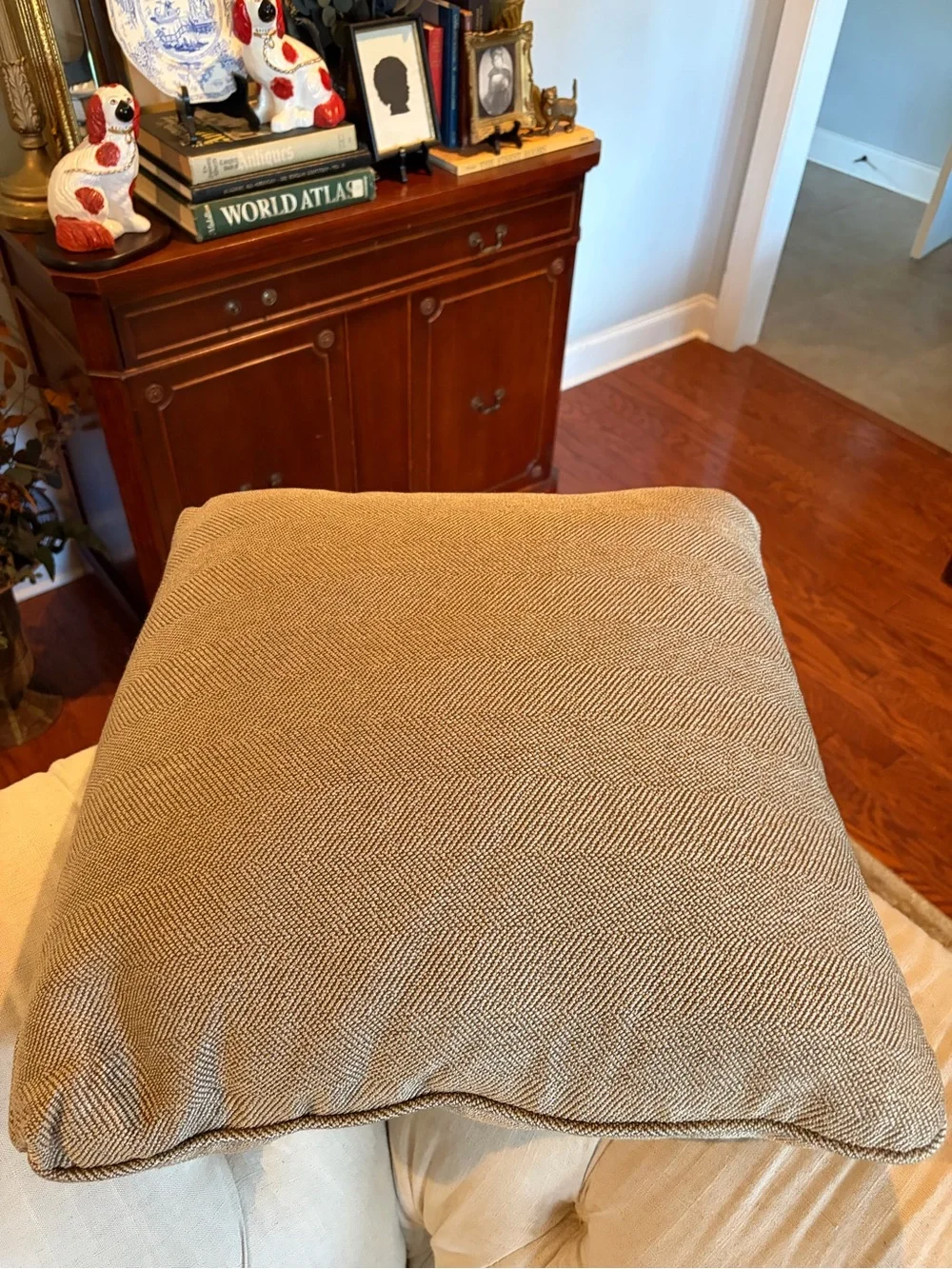 Decorative Herringbone Throw Pillow - Neutral Tan feather EUC